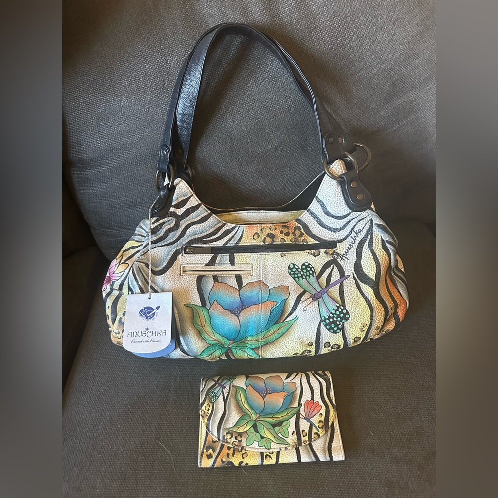 Anuschka Hand-Painted Dragonfly Jungle Leather Hobo Shoulder Bag NWT + Wallet